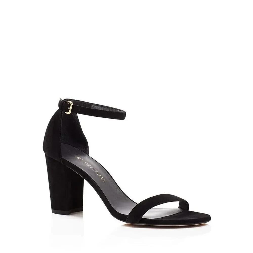 Stuart Weitzman Nearlynude Ankle Strap Sandal Black Open Toe Block Heel 7 M